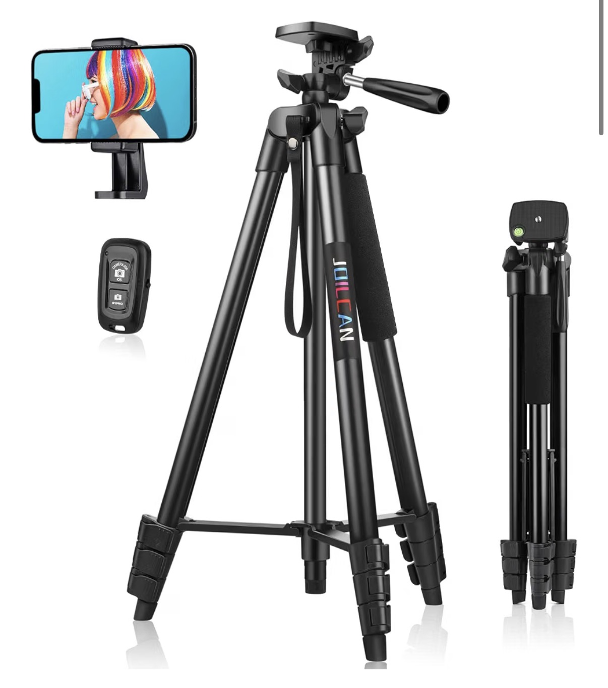 JOILCAN 63" Tall Phone Tripod with Wireless Remote for iPhone 17/16/15 Aluminum Extendable Selfie Stick Tripod, 3-Way Pan Head Tripods for Camera, Lightweight Travel Tripods for Pocket4/3, Gray